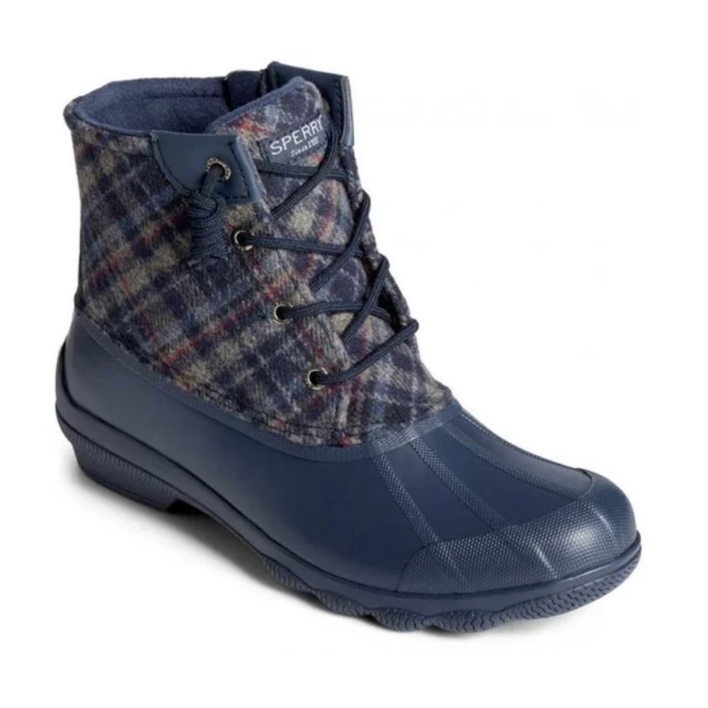 Sperry Saltwater Plaid Duck Boots Rubber Wool Waterproof Rain Boots Navy Blue